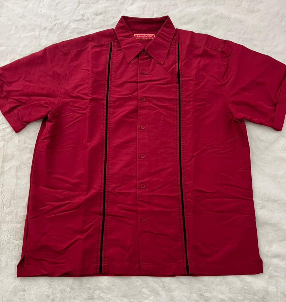 Havanera Red Guayabera Shirt Mens Large Short Sleeve Button Casual